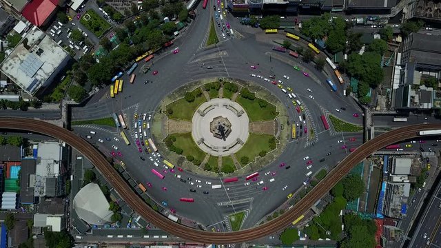 4K Aerial view of Bangkok roundabout victory momument traffic