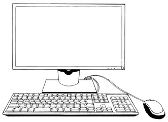 漫画風ペン画イラスト　オフィス街（PC）