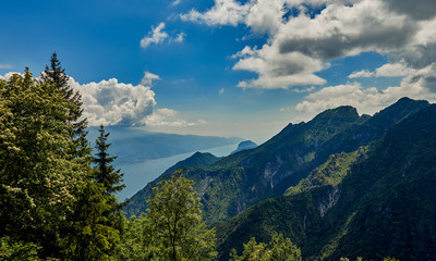 Fototapeta na wymiar View Garda Lake from Bocca Larici, Riva del Garda,Trails to Bocca Larici, Riva del Garda, Lago di Garda region, Italy, Italian Dolomites-panoramic views