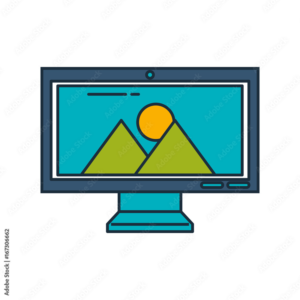 Poster monitor computer with landscape vector illustration design