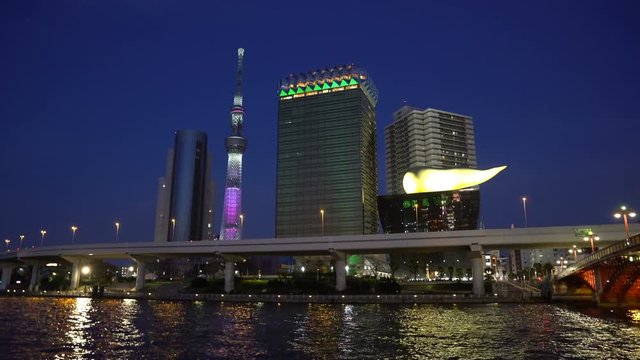4k cinematic b-roll footage of sunset blue hour scene at Tokyo city skyline and Sumida River Bridge.