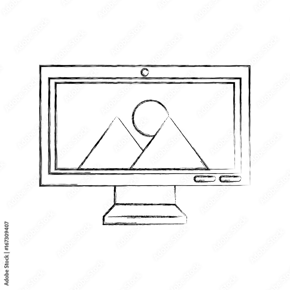 Poster monitor computer with landscape vector illustration design