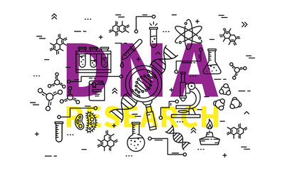 DNA research vector illustration. Genetic analysis line art concept. Biotechnology elements (microscope, gene, genome, dna chain, test-tube, cell, etc) graphic design.
