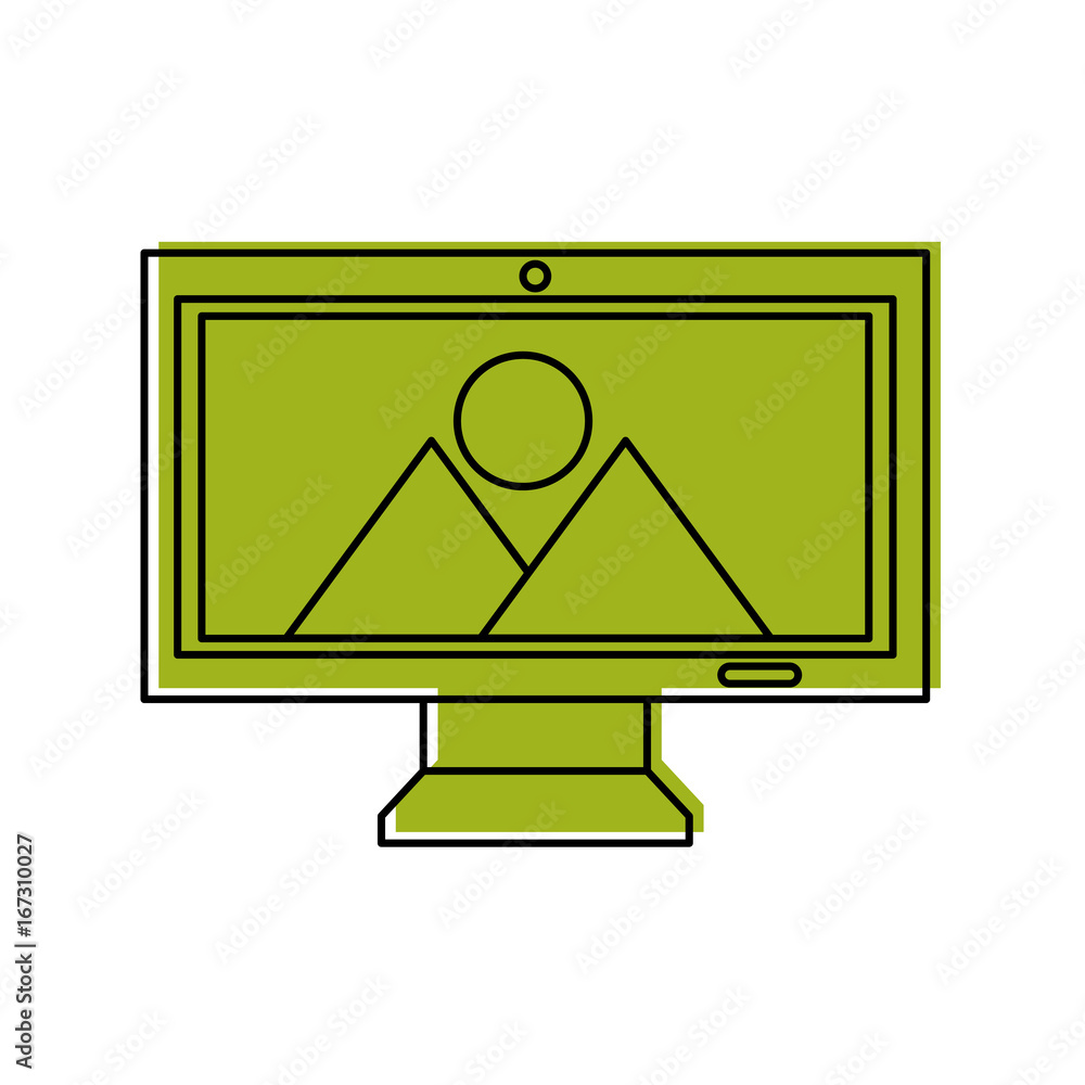 Poster monitor computer with landscape vector illustration design