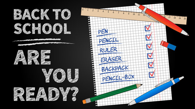 Back to school vector illustration. Line art banner Back to school with list of stationery elements (pencil, pen, ruler, staple). Black chalk board template graphic design.
