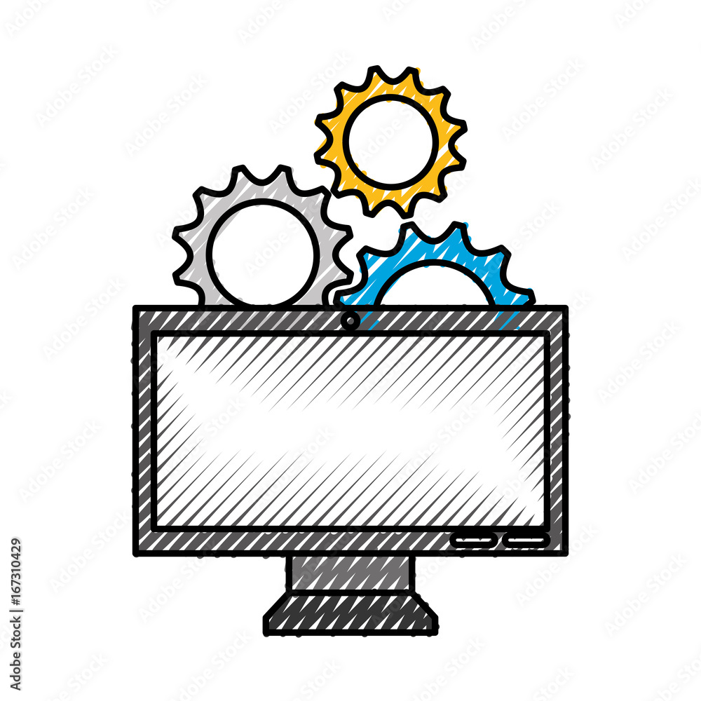 Poster monitor computer with gears vector illustration design