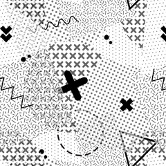 Memphis collection, black and white geometric seamless pattern