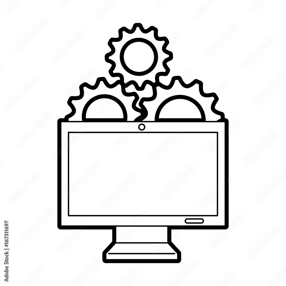 Poster monitor computer with gears vector illustration design
