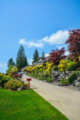 Obraz premium Rural area view with concrete road leading uphill to residential house on the top
