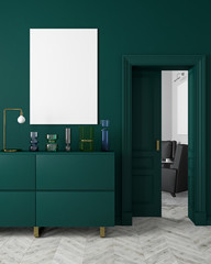 Classic, modern, scandinavian style dark-green color interior mock up with vases, dresser, consoe, door, lamp, frame, wooden floor. 3d render illustration. © YKvisual