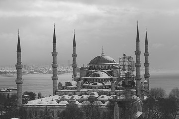 Sultan Ahmed Mosque in the snow in Istanbul, Turkey