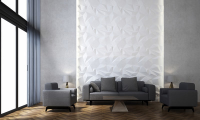 3D rendering interior design of loft living room and pattern wall texture