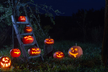 Halloween Jack-o-Lantern pumpkins outdoor