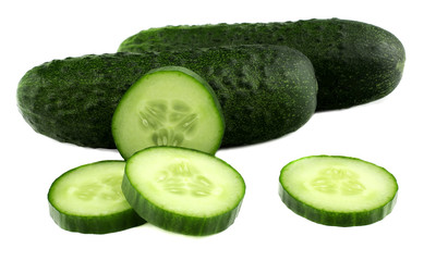 Cucumber and slices isolated over white background