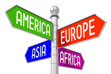 Continents - colorful signpost