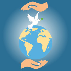 Two hands hold the Earth together with the dove of peace