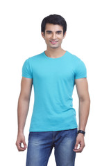 Fototapeta premium Portrait of handsome young man standing isolated over white background