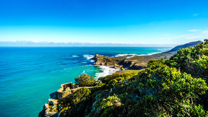Rugged coastline and steep cliffs of Cape of Good Hope on the Atlantic Ocean side of the Cape Peninsula in South Africa