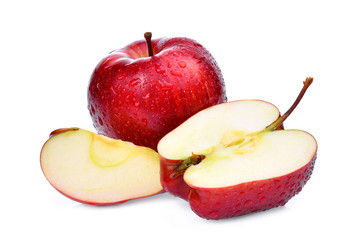 fresh red apples with water drops and slice isolated on white background