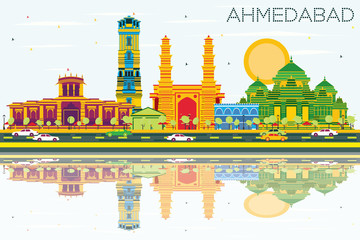 Ahmedabad Skyline with Color Buildings, Blue Sky and Reflections.