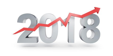 Arrow up for 2018 on a white background 3D illustration, 3D rendering