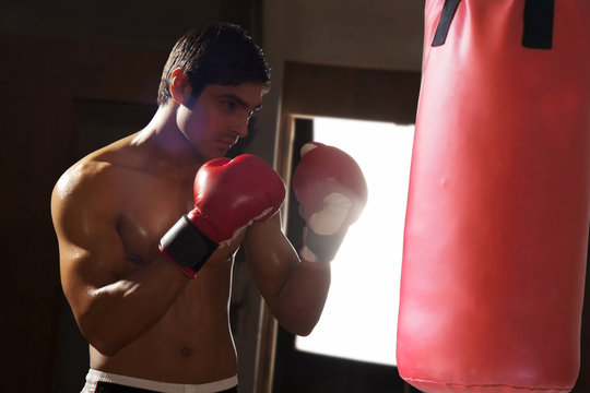 Young shirtless man working out with punching bag in gym