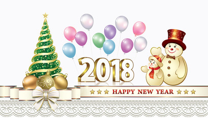 Happy New Year 2018 with Christmas tree and snowmen with balloons.