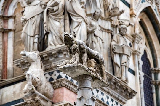 Siena dome cathedral external view detail of statue wolf with romolus and remus