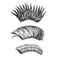 Iroquois types: pointed, breakwater and short, hand drawn doodle, sketch in woodcut style, black and white vector illustration - obrazy, fototapety, plakaty