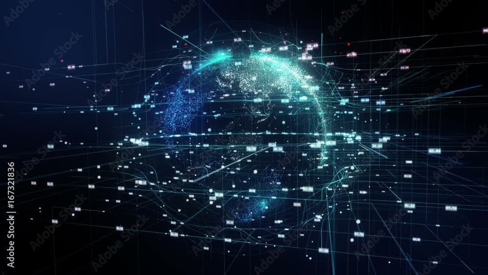 Poster animation of planet earth in space with connections by lines and numbers