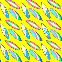 Colorful pattern, surf boards on yellow background, vector illustration