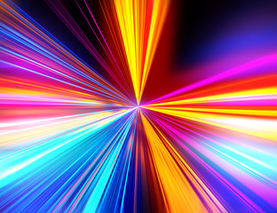 Obraz premium Speed motion on the neon glowing road at dark. Speed motion on the road. Colored light streaks acceleration. Abstract illustration. Pink Orange and Blue motion streaks.
