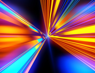 Light motion. Speed motion on the neon glowing road at dark. Speed motion on the road. Colored light streaks acceleration. Abstract illustration. Blue and Orange Yellow motion streaks. Space Gates.