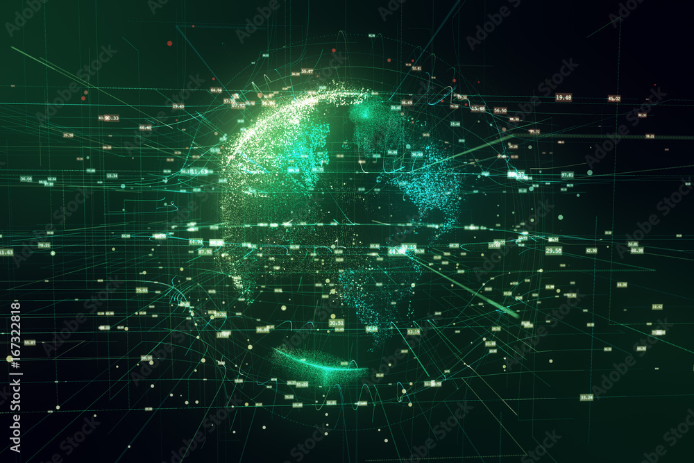 Sticker 3d illustration of planet earth in space with connections by lines and numbers