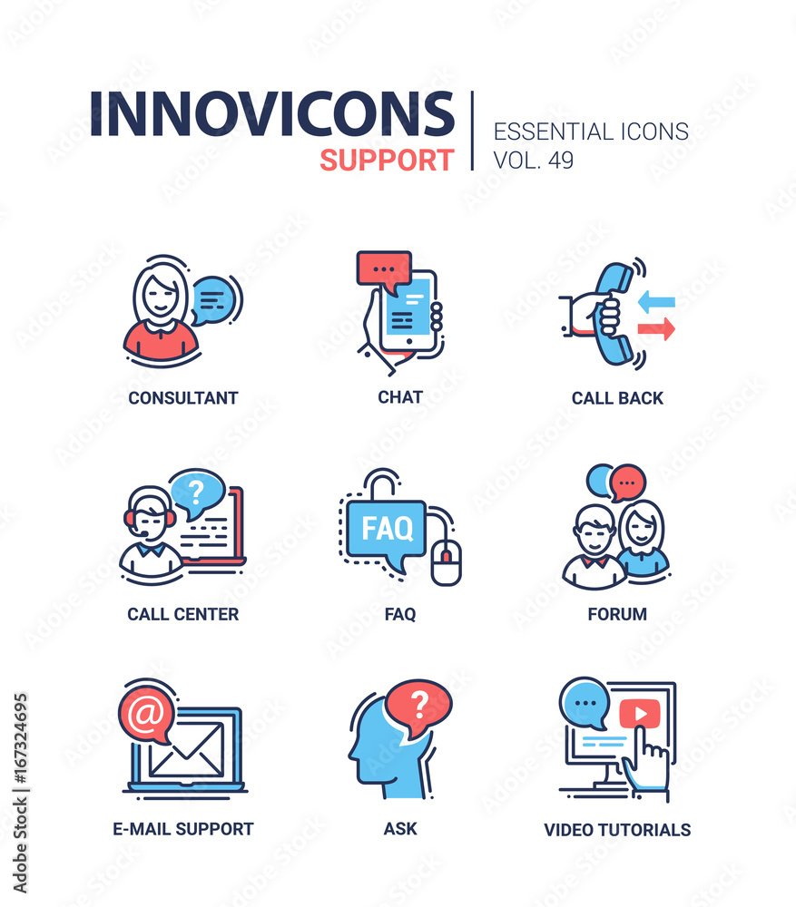 Poster technical support - modern vector line design icons set.