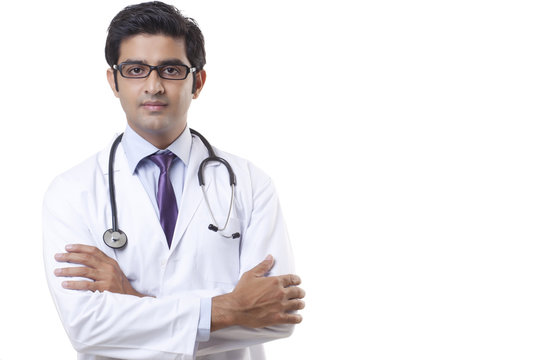 Doctor with stethoscope around neck on white background 