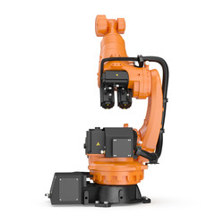 Orange robot arm for industry isolated on white. 3D Illustration, clipping path