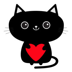 Cute black cat icon holding red heart. Funny cartoon character. Kawaii animal. Tail, whisker, big eyes. Kitty kitten. Baby pet collection. White background. Isolated. Valentines Day. Flat design.