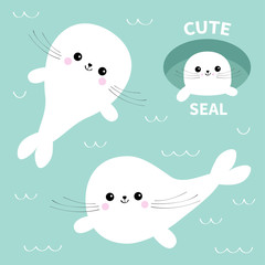 Harp baby seal pup set. Cute cartoon character. Ice-hole. Happy baby animal collection. Swimming floating on water with wave. Blue background. Flat design