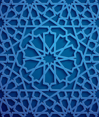 Islamic ornament vector , persian motiff . 3d ramadan islamic round pattern elements . Geometric circular ornamental arabic symbol vector . Blue background