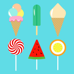 Collection of vector ice cream on blue background.