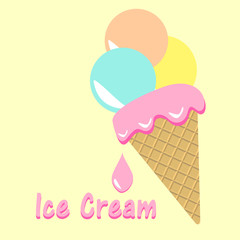 Vector ice cream with pink blob. Waffle cone with three colorful balls