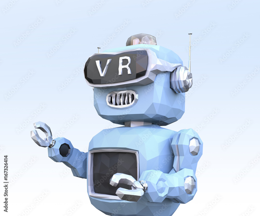 Aufkleber close up of low poly retro robot wearing vr headset on light blue background. 3d rendering image.