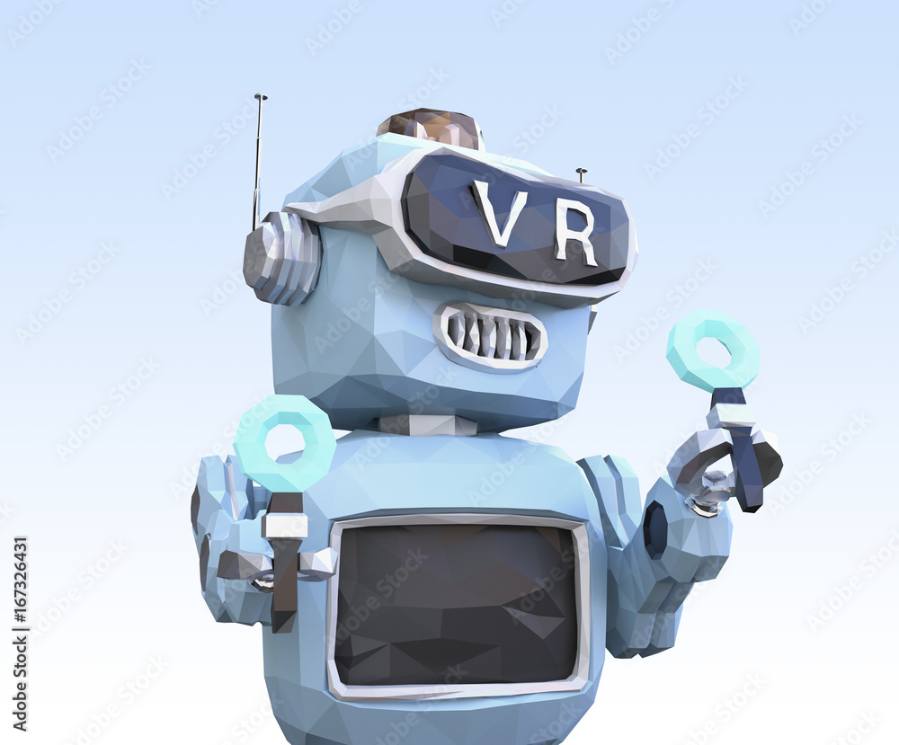 Aufkleber close up of low poly retro robot wearing vr headset on light blue background. 3d rendering image.