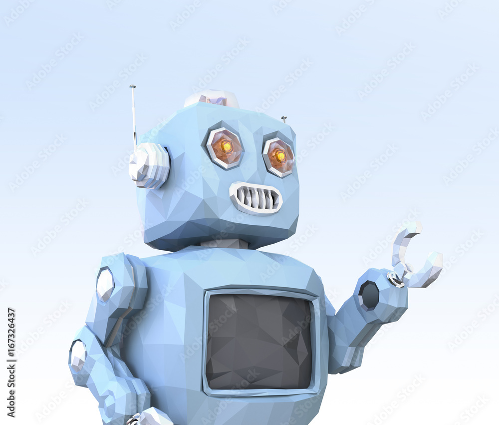 Aufkleber low poly robot on light blue background. 3d rendering image.