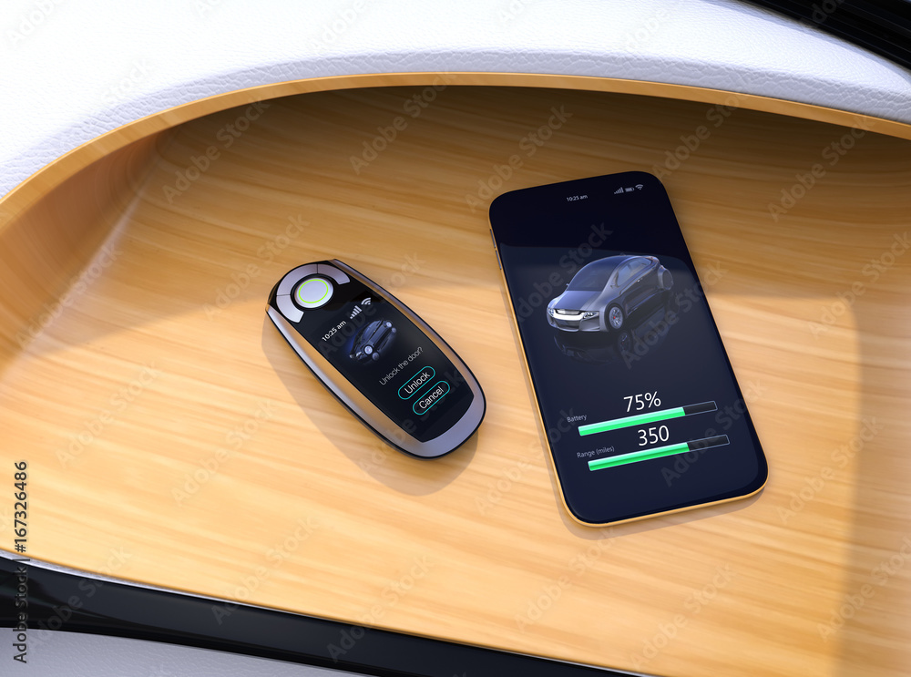 Poster smart car key and smart phone on electric car's dashboard. 3d rendering image.