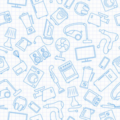 Seamless background with a simple contour icons on the topic of household appliances,blue  contour  icons on the clean writing-book sheet in a cage