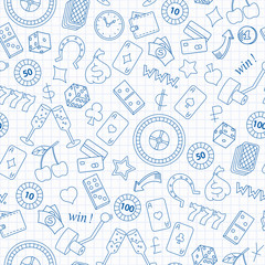 Seamless pattern on the theme of gambling and money ,blue  contour  icons on the clean writing-book sheet in a cage