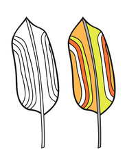 Colored leaf, black and white illustration for coloring book