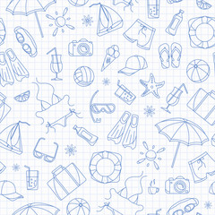 Seamless pattern on the theme of summer holidays in hot countries, blue  contour  icons on the clean writing-book sheet in a cage